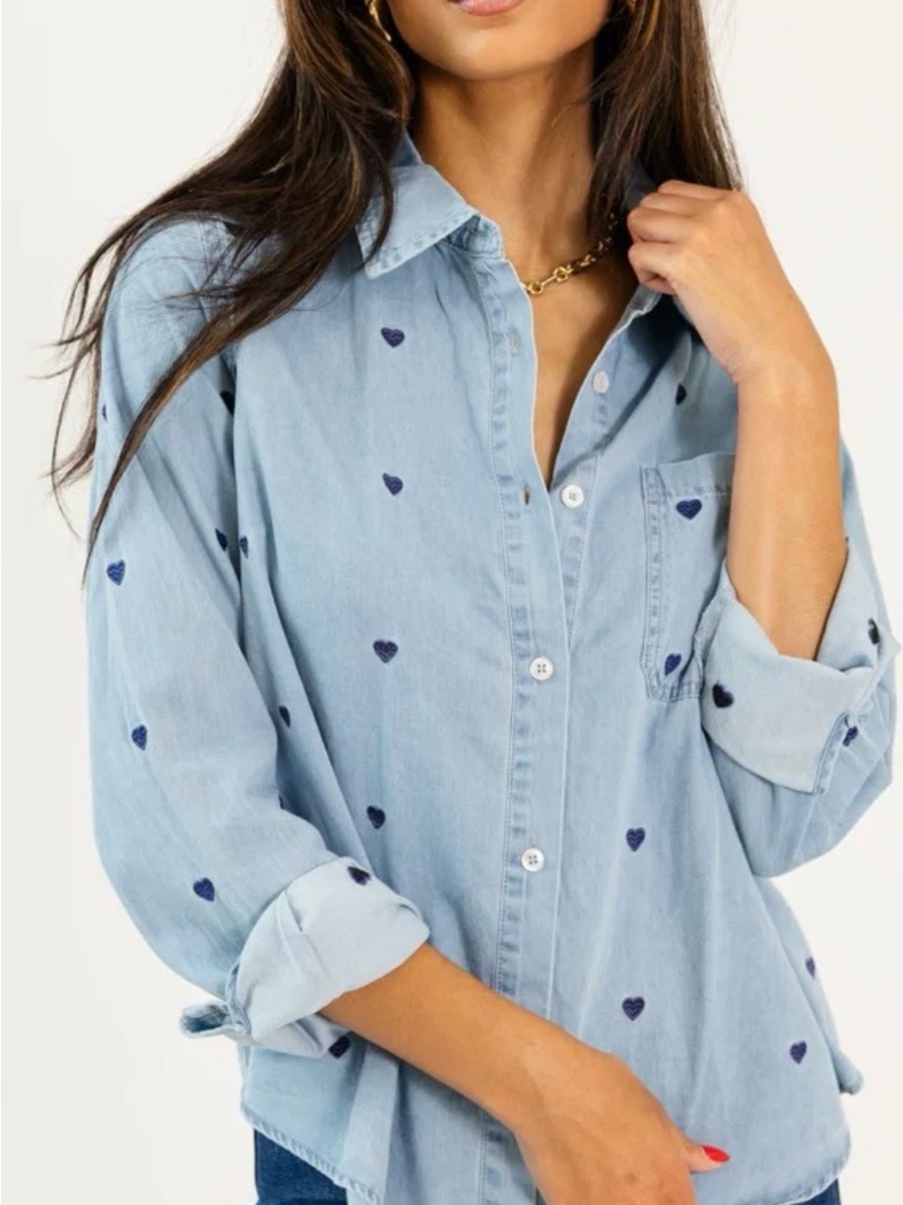 TAHARI Heart Embroidery Chambray Button-down shirt SIZE L